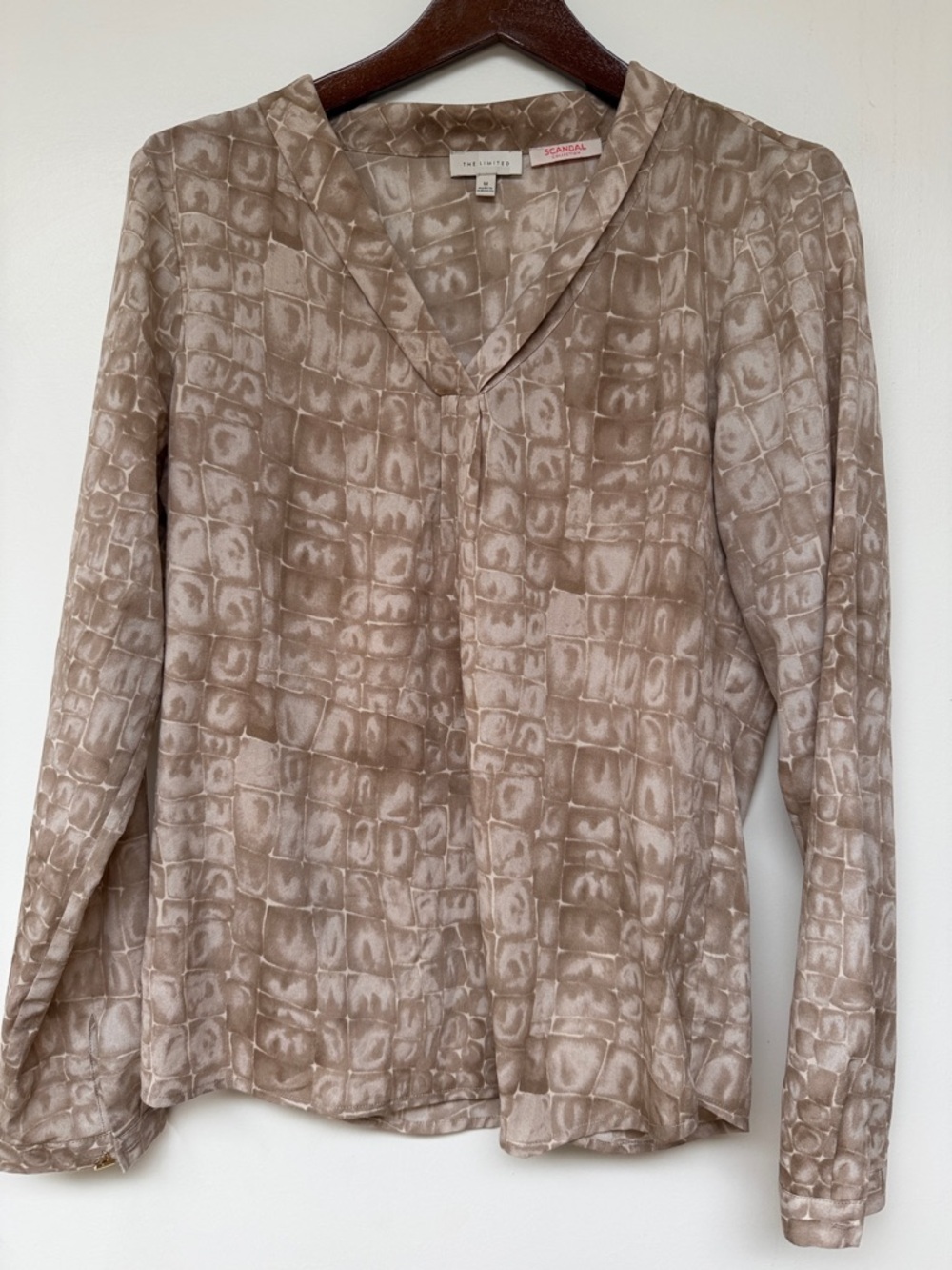 The Limited Taupe Patterned V-Neck Long Sleeve Blouse